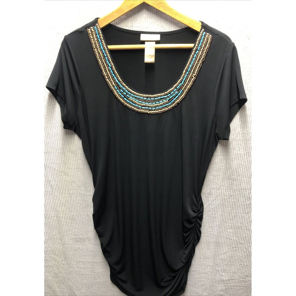 Miss Tina Mini Dress Size XL 16-18 Black Beaded Neckline Ruched Sides Party Sexy